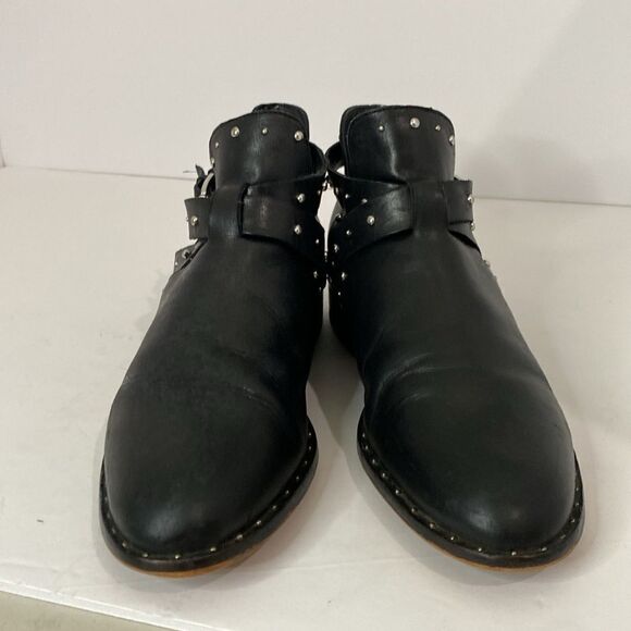 Nordstrom Halogen Hailey Black Studded Ankle Silver Buckle Leather Boots Size 10 - Picture 2 of 12